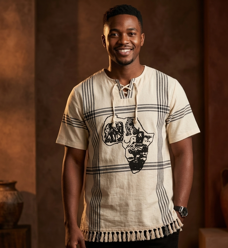 A smiling man wearing a cream-colored linen tunic shirt with black stripes and a graphic print of the African continent, set against a warm, rustic brown background.