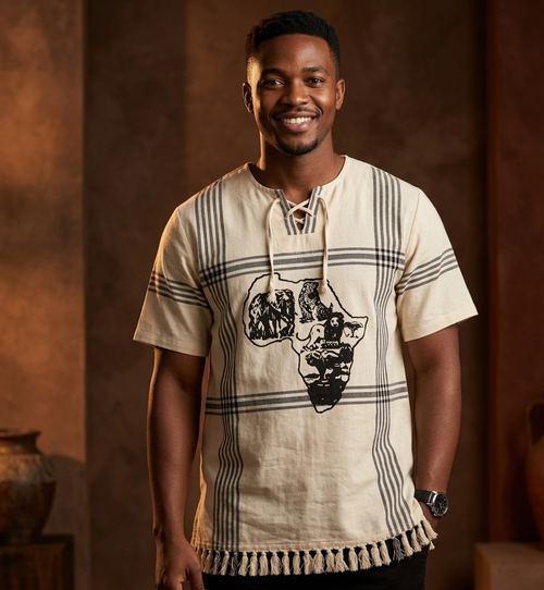 A smiling man wearing a cream-colored linen tunic shirt with black stripes and a graphic print of the African continent, set against a warm, rustic brown background.