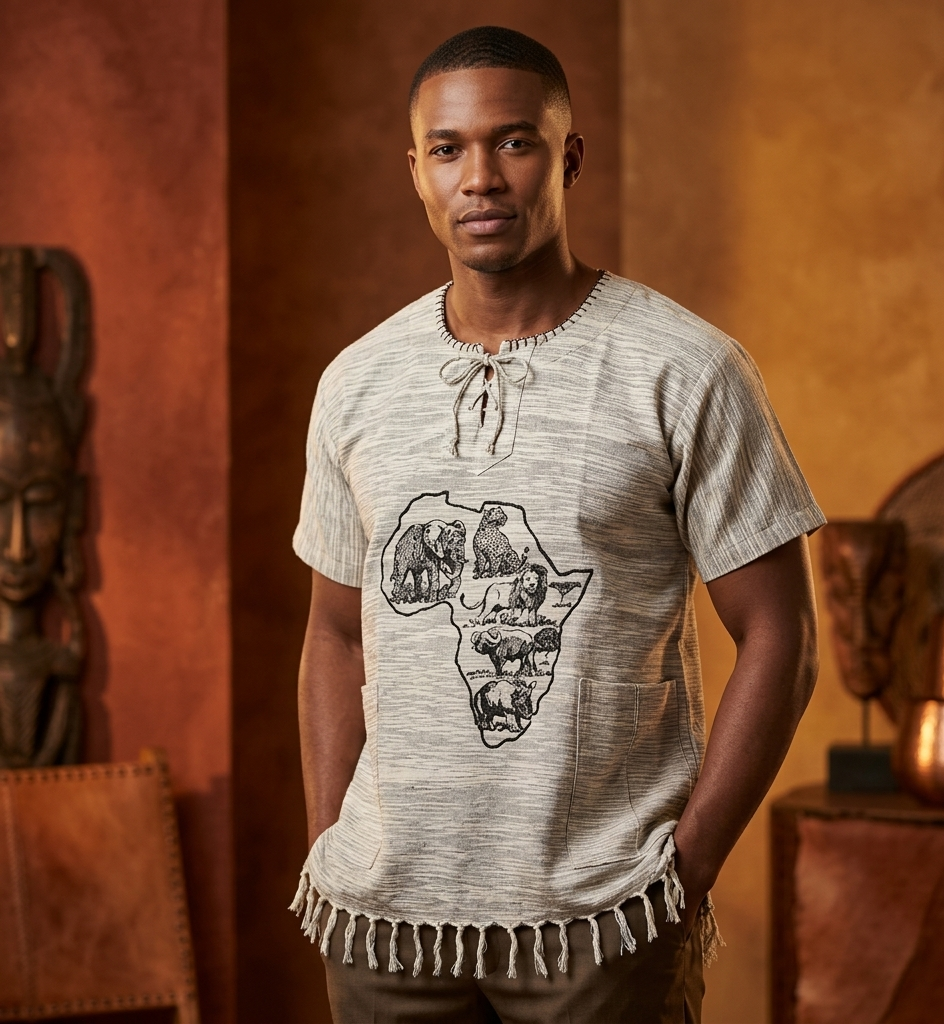 A man wearing a light beige textured t-shirt with a graphic of the African continent filled with animal illustrations, set against a warm, rustic background with decorative masks and wooden furniture.