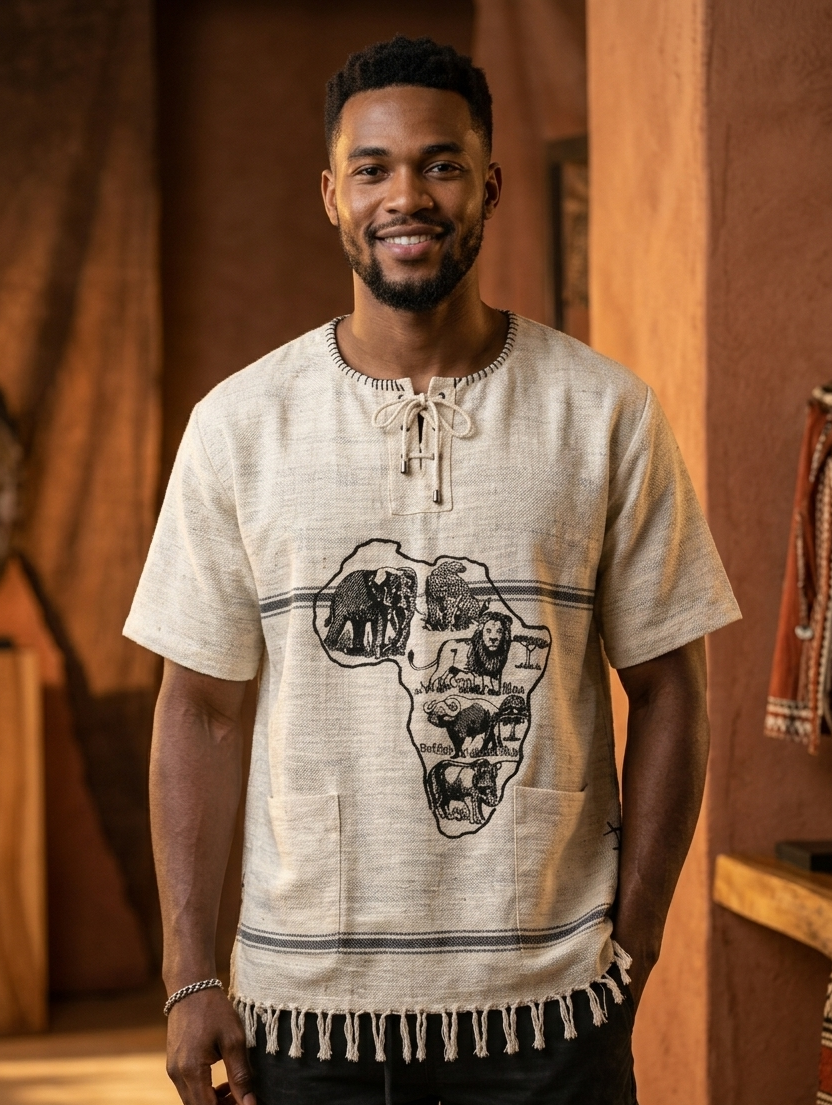 A man wearing a light beige linen African continent graphic t-shirt with fringed hem and drawstring neckline, standing in a rustic, warm-toned indoor setting.