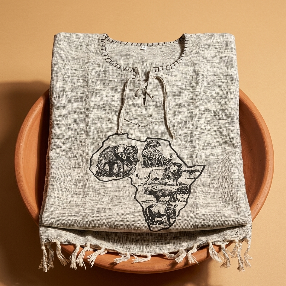 A folded light heather gray tunic top with a black graphic of the African continent filled with animal illustrations, displayed on a terracotta bowl against a warm tan background.