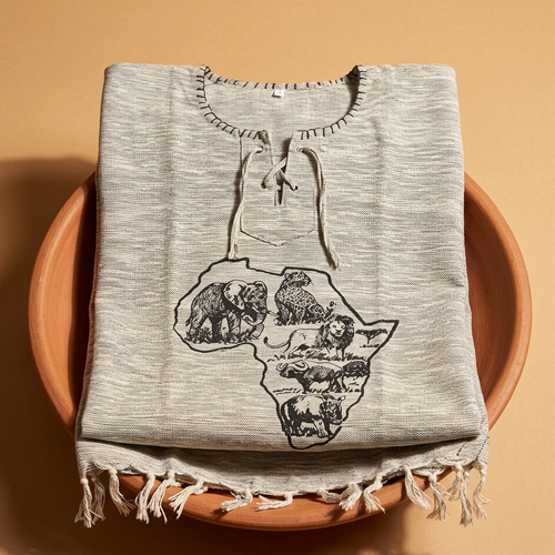 A folded light heather gray tunic top with a black graphic of the African continent filled with animal illustrations, displayed on a terracotta bowl against a warm tan background.