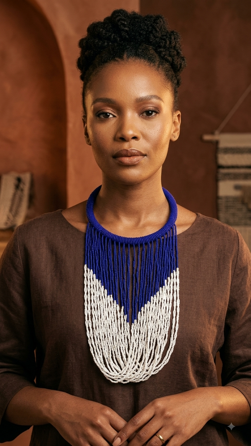 A woman with short curly black hair wearing a brown top and a chunky beaded statement necklace. The necklace features a vibrant royal blue upper section and a wide white fringed lower section, photographed against a warm, earthy brown background.
