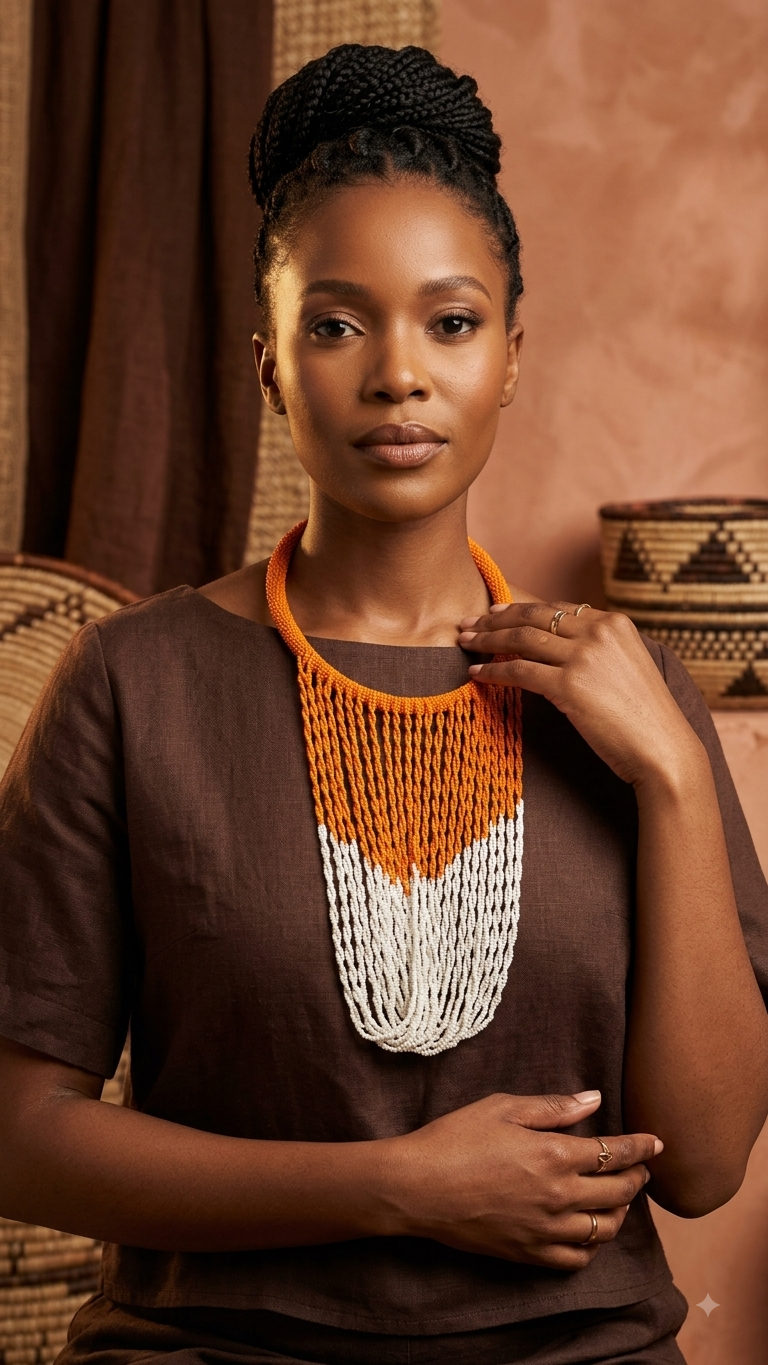 A woman wearing a brown short-sleeve top and a chunky beaded necklace with orange and white sections, posed against a warm brown textured background with woven baskets.