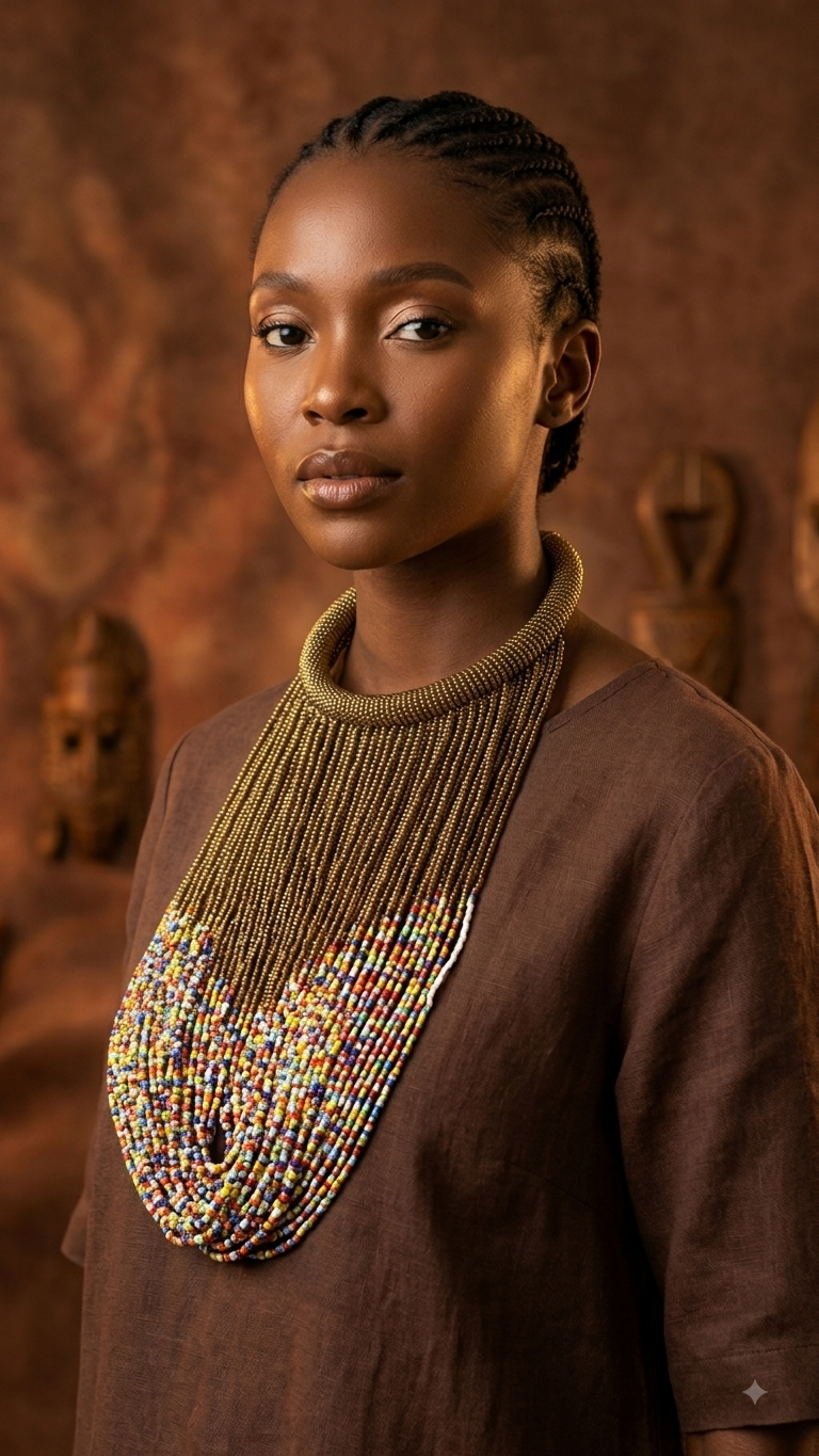 A woman wearing a large, multi-strand beaded bib necklace with a multicolor pattern and a ribbed tan collar, paired with a brown linen top against a warm, textured background.